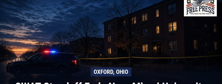 Illustration of a police vehicle outside an apartment building at dawn in Oxford, Ohio